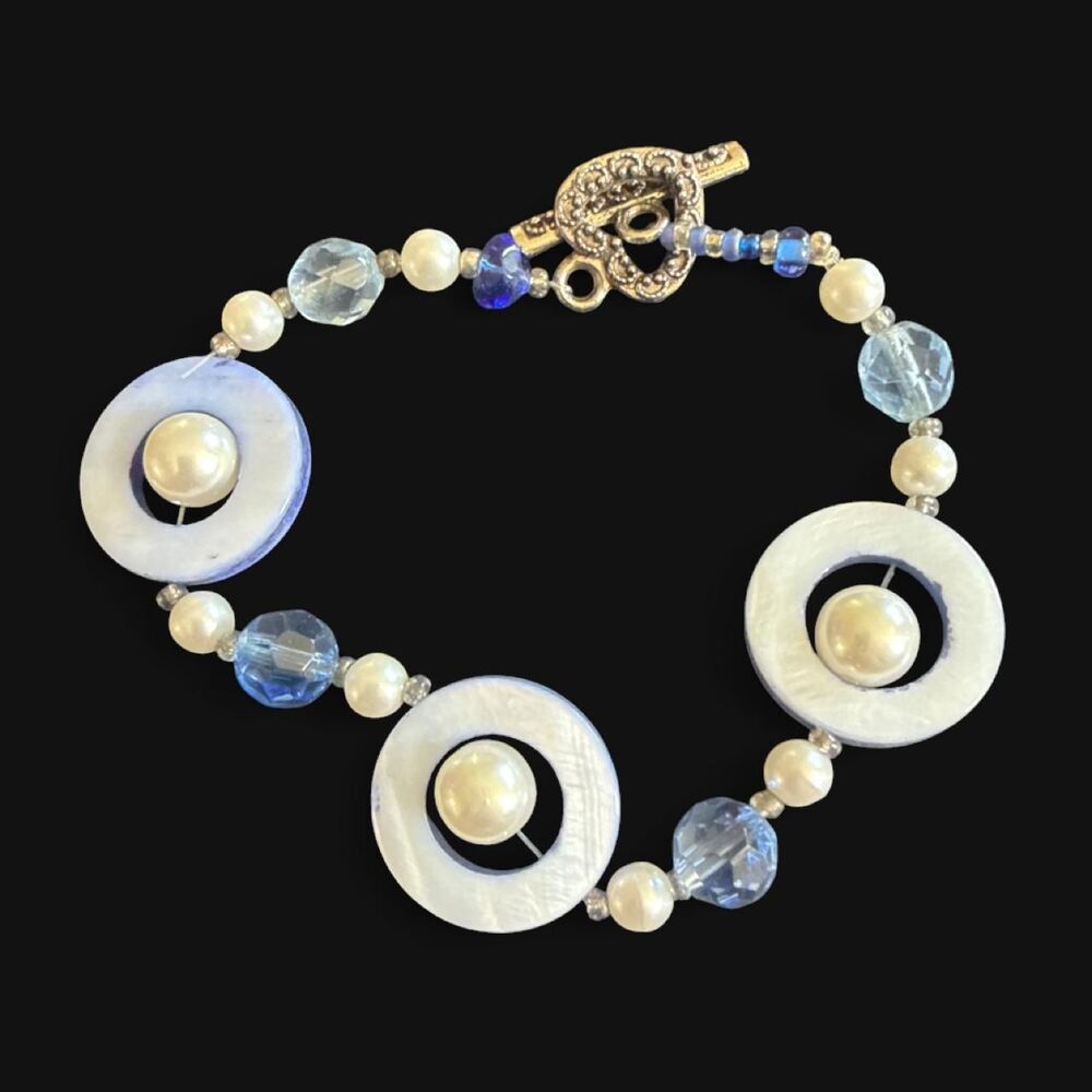 Blue Crystal Pearl Toggle Bracelet 8 Inch Beaded Bracelet
